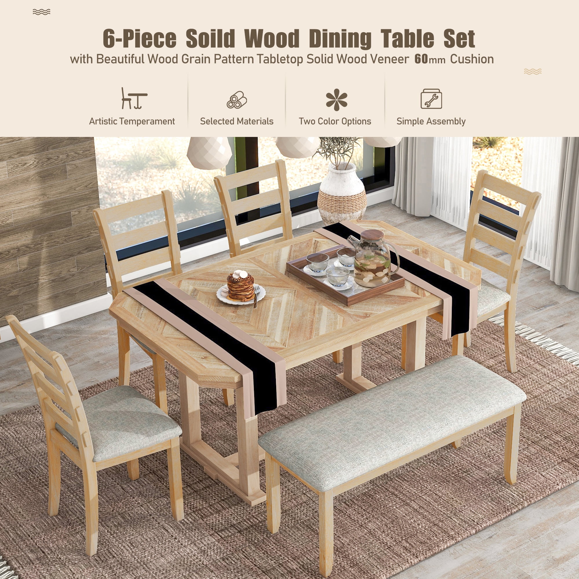 Euroco 6-Piece Rubber Wood Dining Table Set for 6, Farmhouse Kitchen Table Set with Beautiful Wood Grain Tabletop, 4 Upholstered Chairs & a Bench for Dining Room,Natural