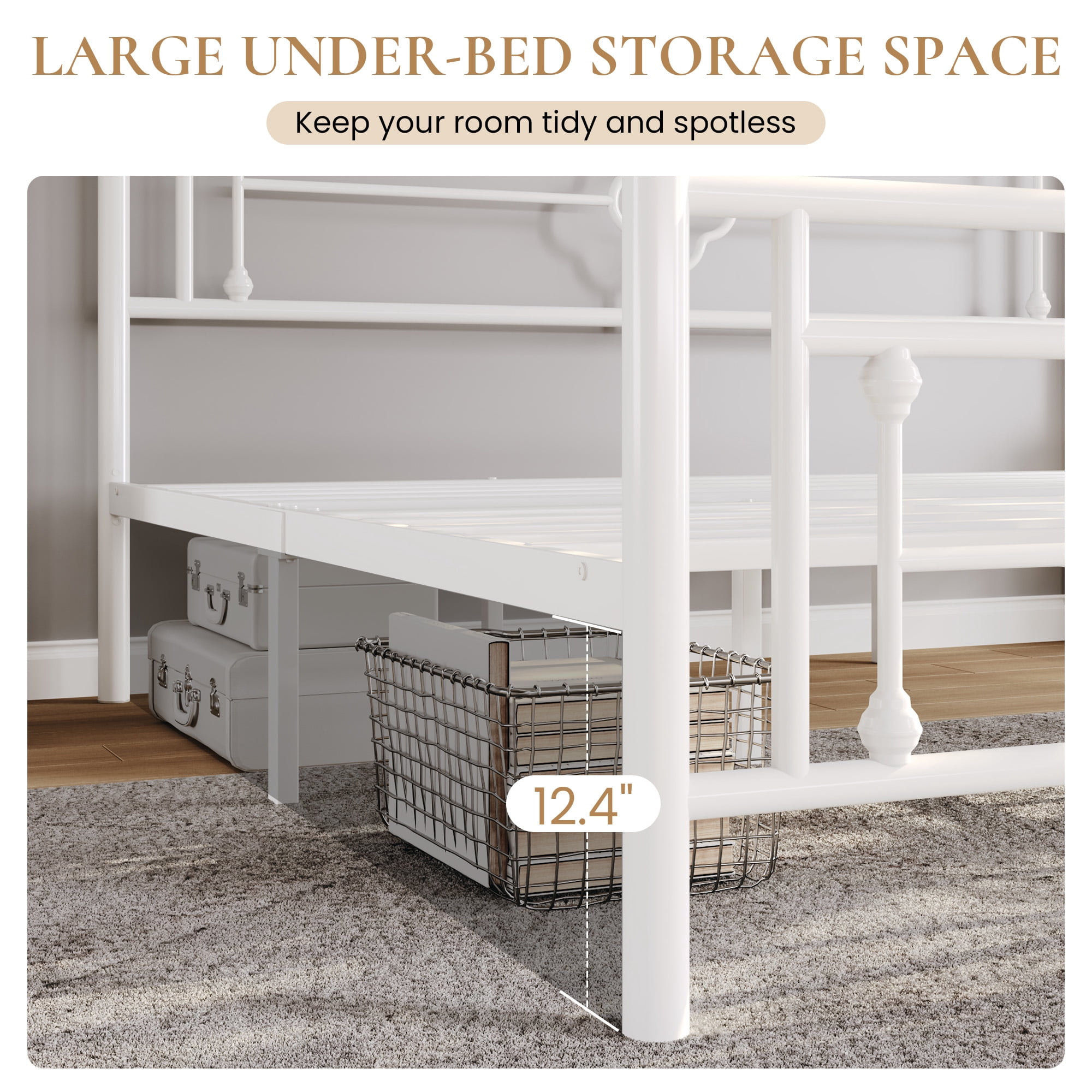 Sha Cerlin White King Size Metal Platform Bed Frame with Victorian Vintage Headboard & Underbed Storage, Adult