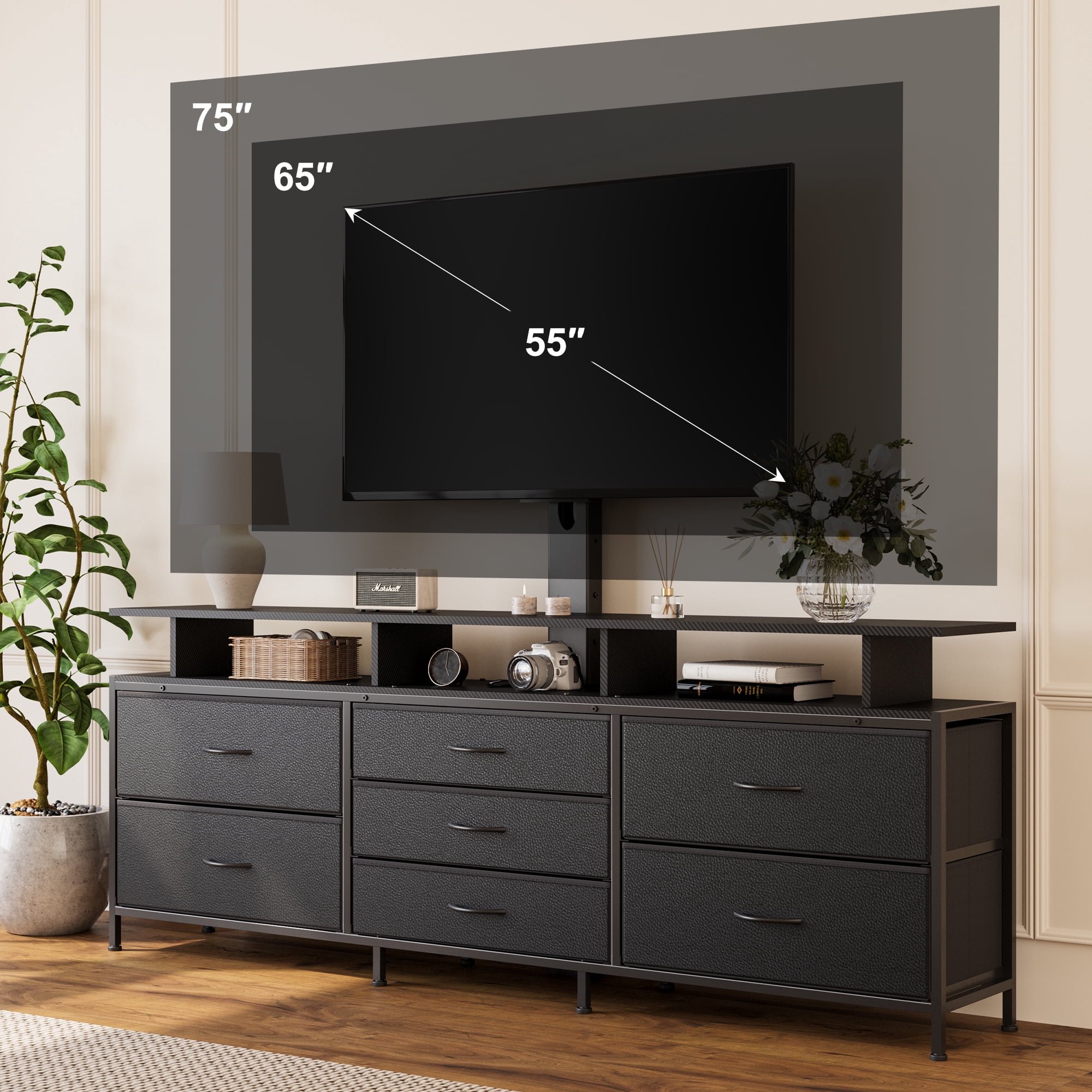 GUNAITO TV Stand with Adjustable Mount for TV up to 75", Big TV Stand for Living Room with 7 Fabric Drawers , Black