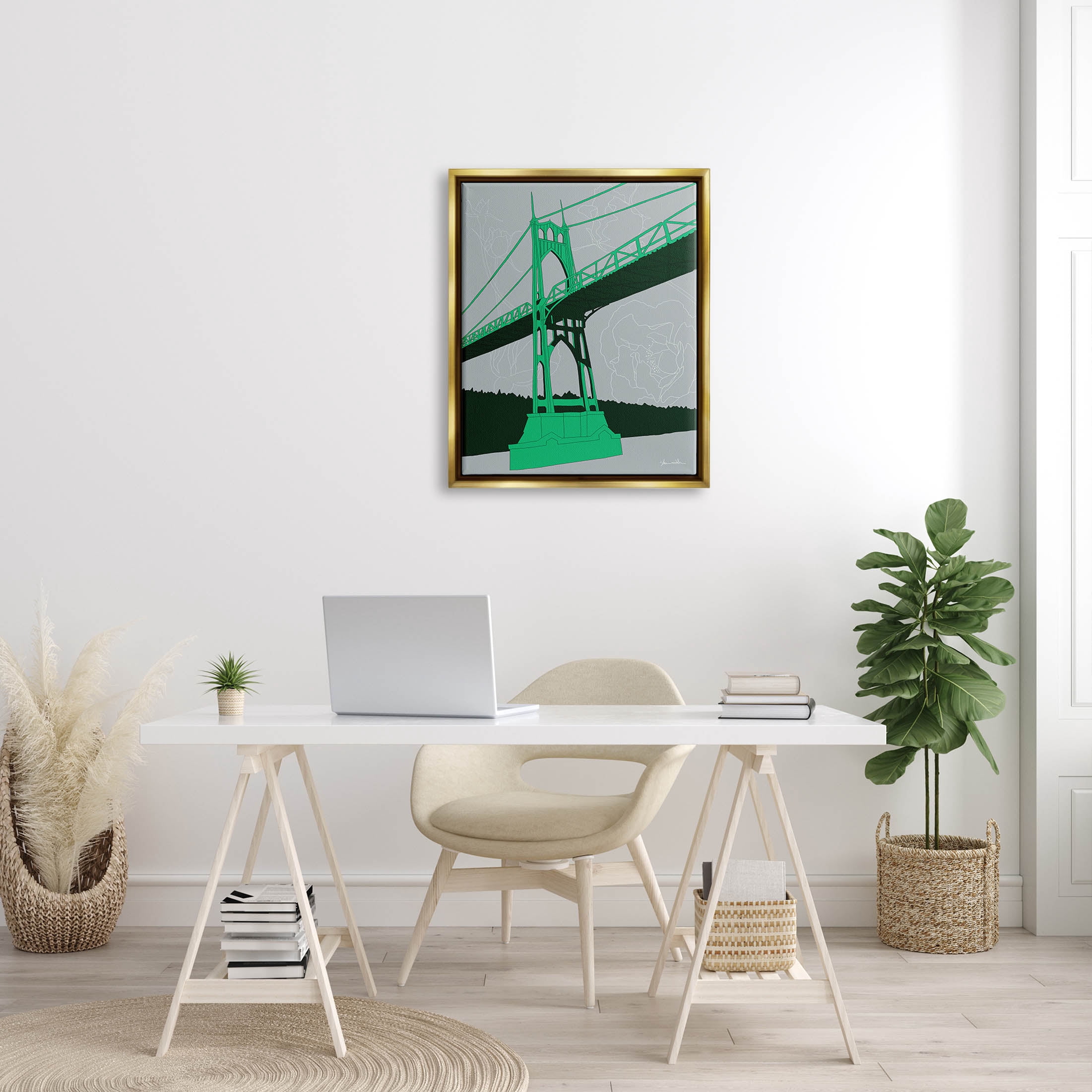 Stupell Industries Modern Floral Bridge Architecture Graphic Art Metallic Gold Floating Framed Canvas Print Wall Art, Design by Shane Donahue