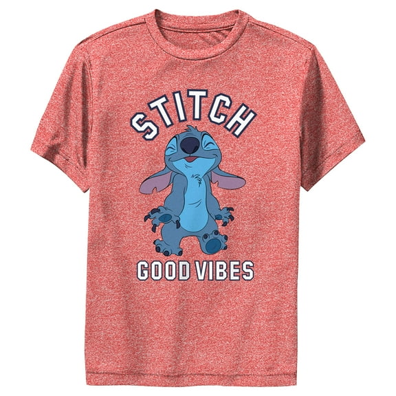 Boy's Lilo & Stitch Good Vibes Happy Stitch  Performance Graphic Tee Red Heather Large
