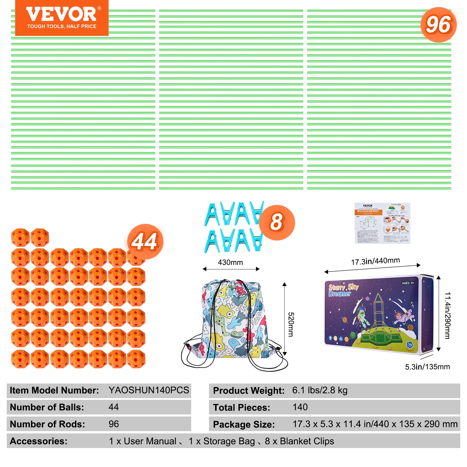 VEVOR Fort Building Kit for Kids,140PCS Glow in The Dark STEM Building Toys, Educational Gift for 4 5 6 7 8+ Year Old Boys & Girls Indoor Outdoor Play Tent Construction Toys with 96 Rods and 44 Balls