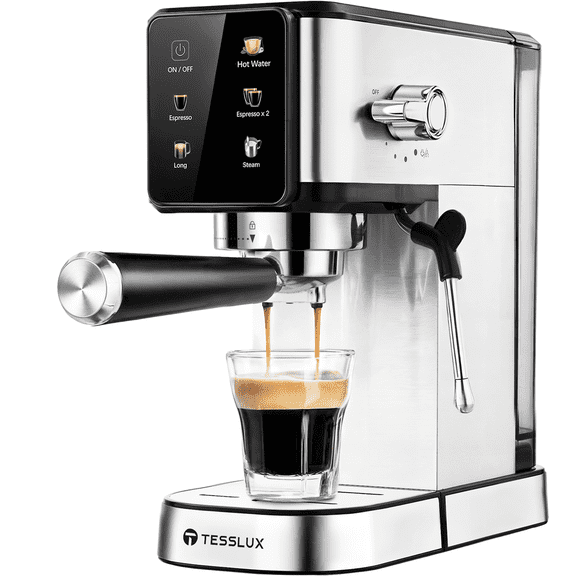 tesslux 20Bar Espresso Machine with Dual Boiler, LCD Touch Control & Milk Frother| Compact Home Coffee Maker for Café Style Cappuccino & Latte, 304 Stainless Steel