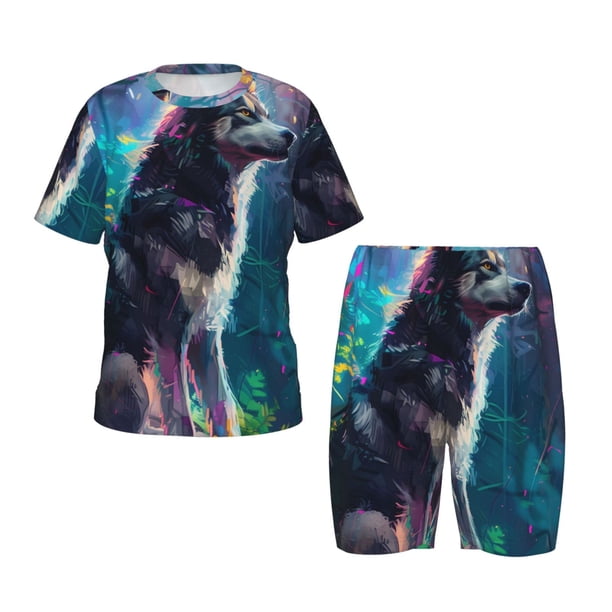 Balery Colorful Plant Wolf Conjunto de Pijama Infantil de Manga Corta con Estampado – Ropa de Dormir de Algodón Suave-XX-Large