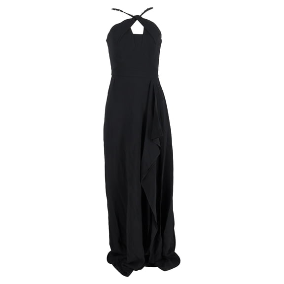 Pre-Owned Roland Mouret Embellished-Strap Ruffled Maxi Dress in Black Viscose
