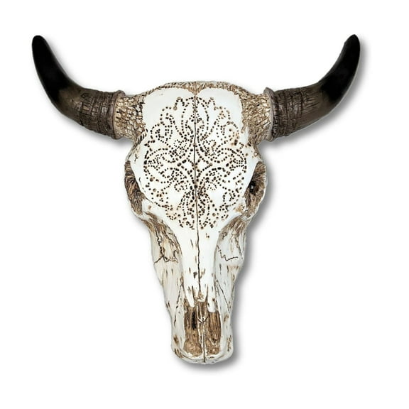 Tribal Carved White Bull Steer Cow Skull Wall Hanging Western Cabin Lodge Decor
