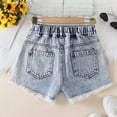 thumbnail image 4 of Ticikt Girls Ripped Jean Shorts 7-12Y, Y2K Mid Waist Straight Leg Denim Shorts with Elastic Waistband & Frayed Hem,Color:Blue,Size:11-12 Years, 4 of 8