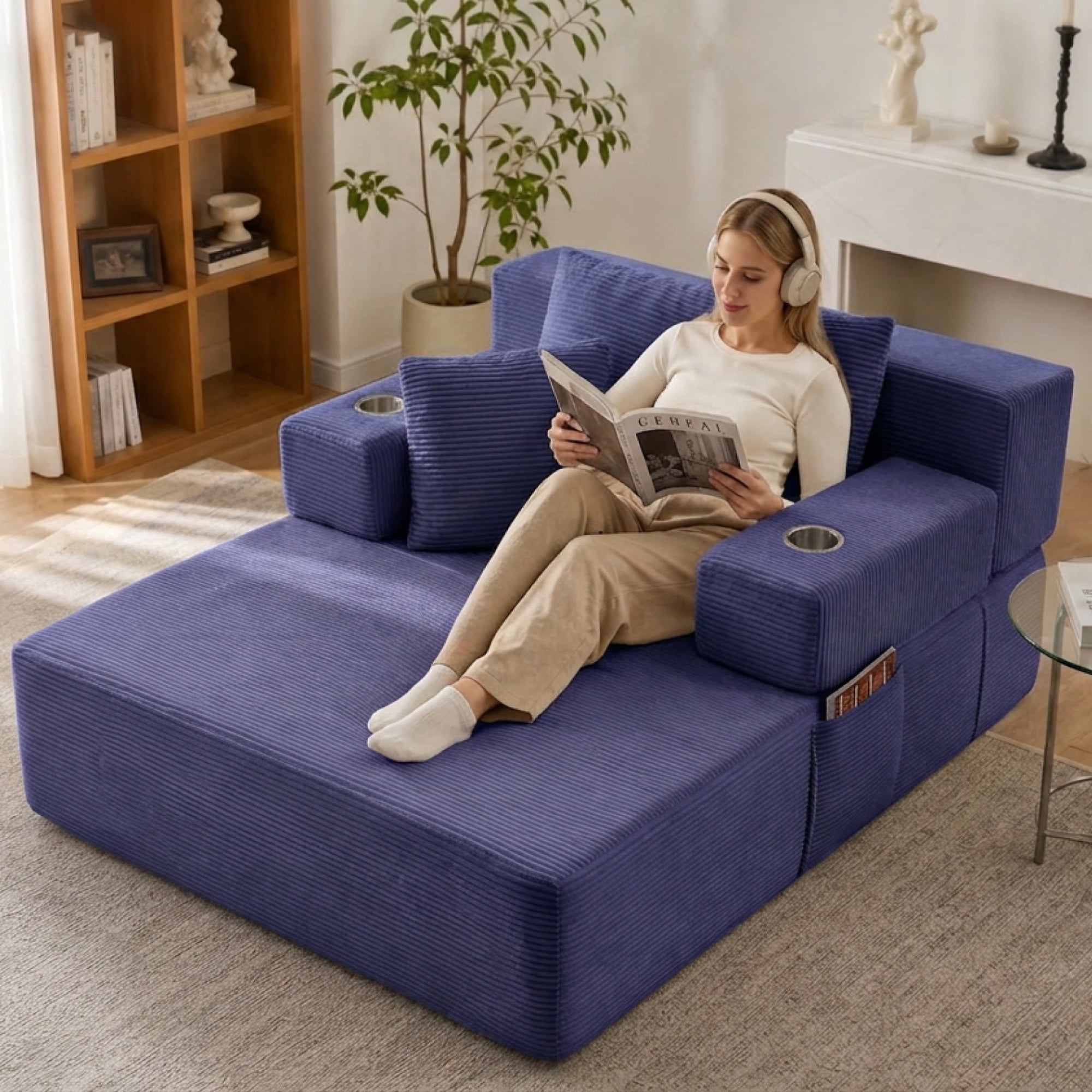 Leumius 70.8'' Oversized Chaise Lounge Chair Indoor,Plush Corduroy Upholstered Cloud Sofa Bed for Living Room,No Assembly Required,Blue