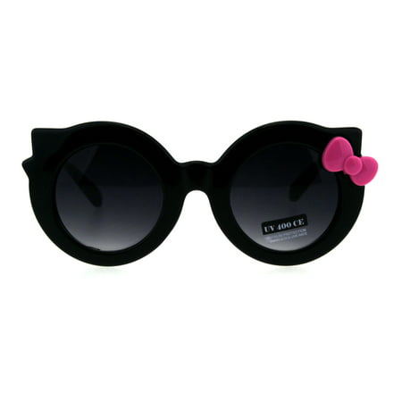 Girly Cute Round Circle Lens Kitty Thick Plastic Bow Trim Sunglasses Black Pink Smoke