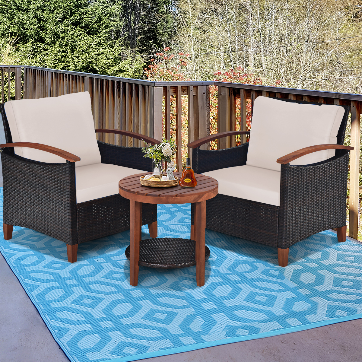 Patiojoy 3-Piece Patio Rattan Bistro Set Acacia Wood Frame Sofa and Side Table Beige - image 3 of 6