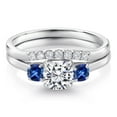 thumbnail image 4 of Gem Stone King 10K White Gold Lab Grown Diamond and Blue Created Sapphire 3-Stone Bridal Engagement Wedding Ring Set for Women | 1.03 Cttw | 5MM and 3MM Cushion Cut | Size 5,6,7,8,9, 4 of 7