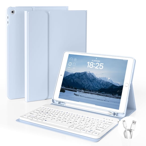 Funda GKABXY con Teclado para iPad 10.2 pulgadas 2021/2020/2019, Funda Teclado Bluetooth Desmontable con Soporte para Lápiz, Soporte Multiángulo para Estudio/Oficina/Viaje (Azul Cielo)