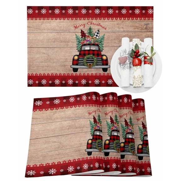 Christmas Truck Placemats Set of 4 Xmas Car Pine Tree Snow Wood Grain Red Plaid Heat Insulation Washable Place Mats, Rustic Non-Slip Table Mats for Dining Table Party Kitchen Decor,13x19 Inch