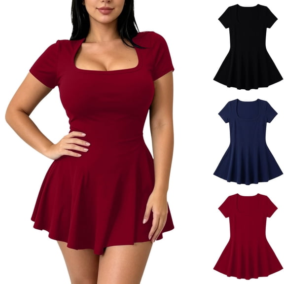 Levmjia Women's Square Neck Dress Short Sleeve Bodycon Mini Dress Casual Solid Color A Line Skater Dress Stretchy Sexy Clubwear for Women Summer