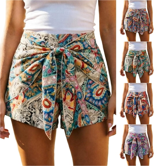 Gyujnb Women's Boho Printed Shorts, Front Tie Knot High Waist Casual Summer Beach Shorts,Green