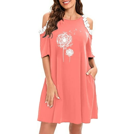 

Juebong Women s Summer Casual Off Shoulder Lace Short Sleeve forgive Solid Color Dress