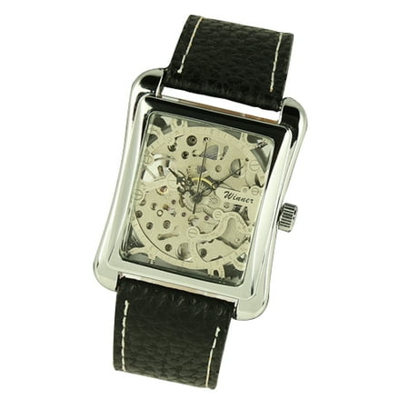 007 Stainless Steel Case - Hand-winding Mechanical Mens Watch Leather Strap Silver Stainless Steel Case