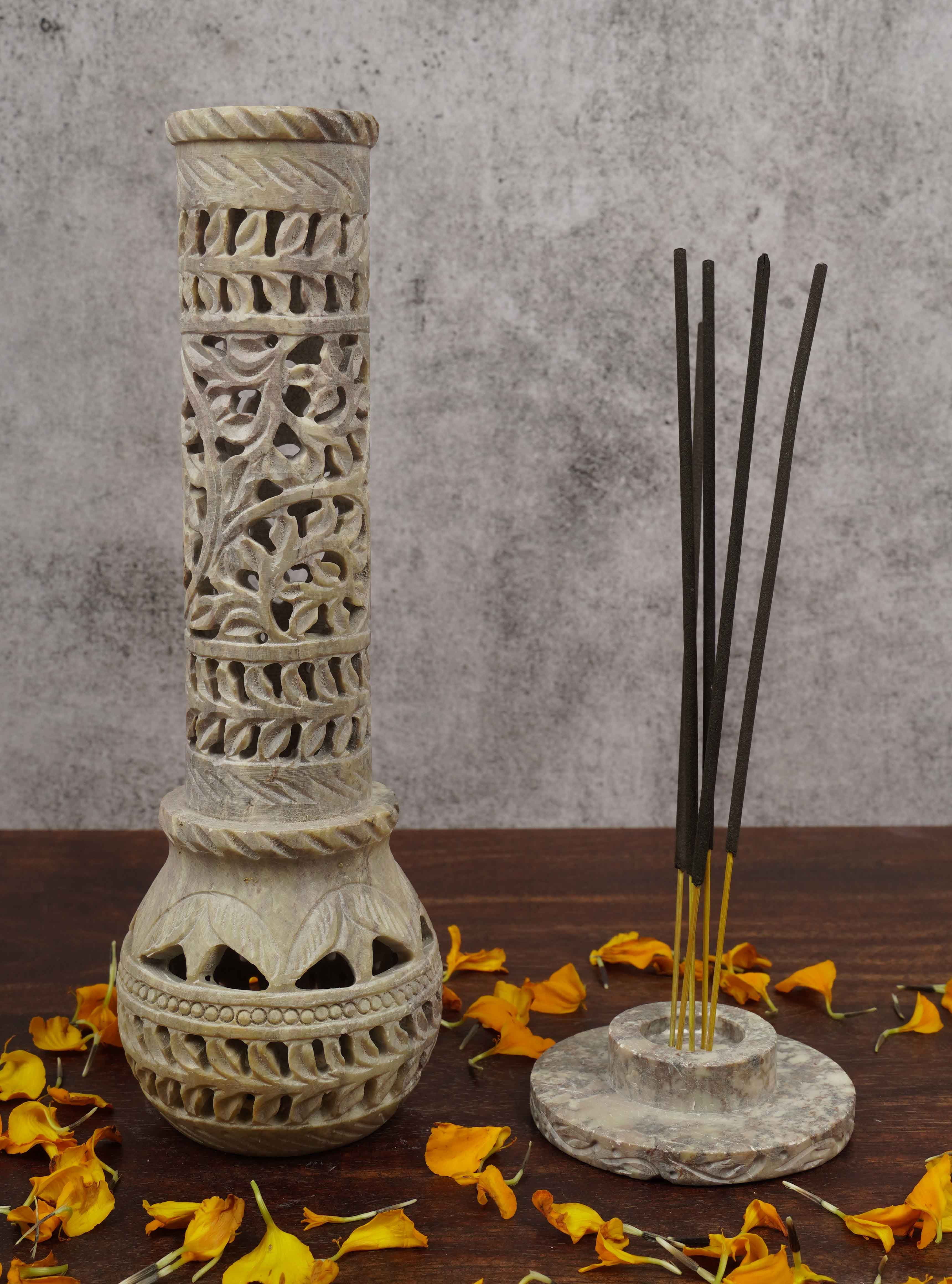 IBA Indianbeautifulart Handmade Stone Incense Stick Burner | Candle Stick Holder | Tea Light Burner , Perfect Floral Carving for Gifting- Decorative Home and Kitchen Decor (10x 1.7 Inches)