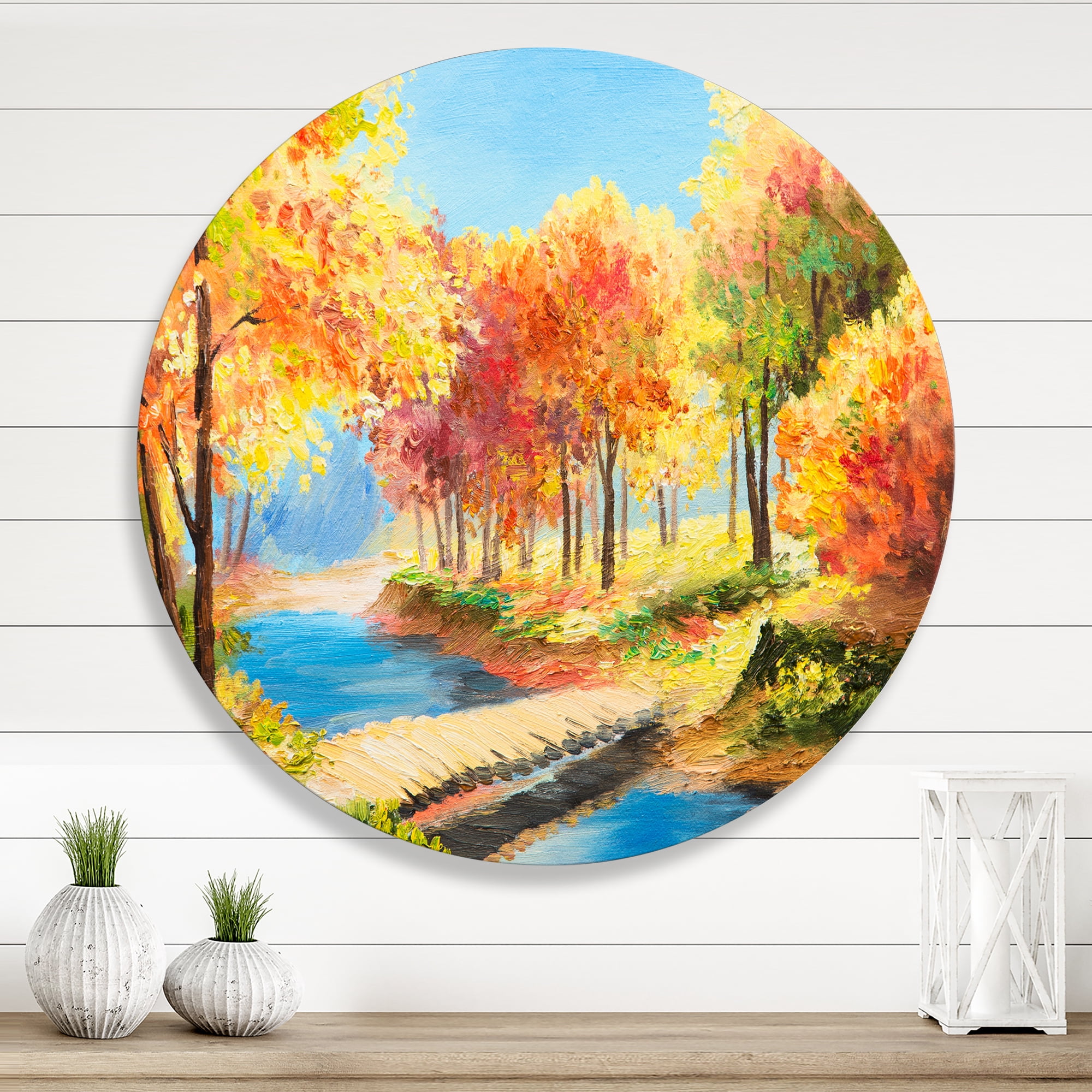 Designart 'Orange and Yellow Trees By The Riverside' Lake House Circle Metal Wall Art 11x11 - Disc of 11