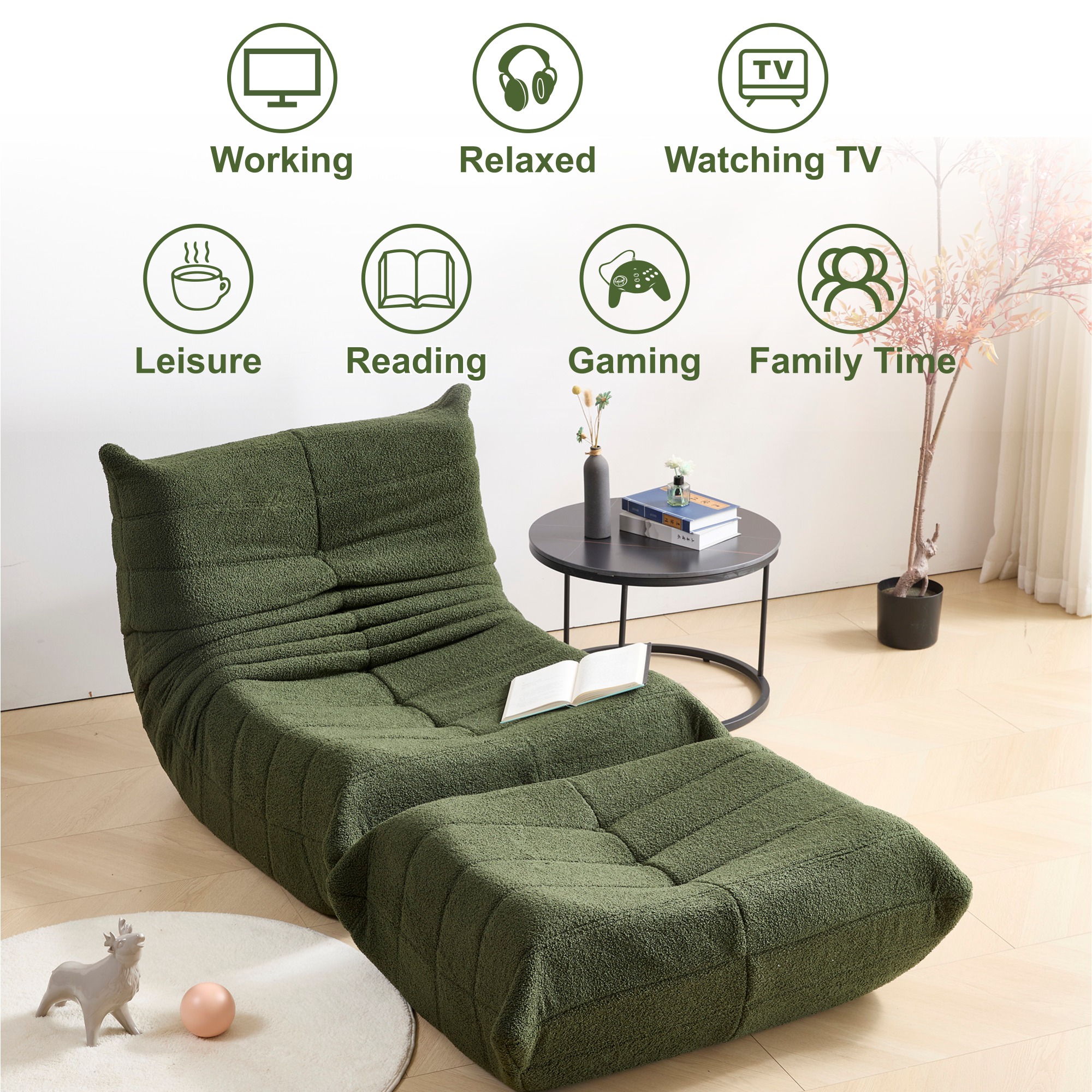 Evita Teddy Fabric Green Bean Bag Chair with Ottoman, Memory Foam Lounge Chair for Adults, Ergonomic Floor Seating Sofa for Living Room or Bedroom