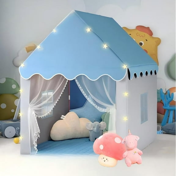 Fenbeli 2 in 1 Kids Play Tent with Padded Mat and Lights, Tent for Kids Indoor & Outdoor, with Windows, Blue