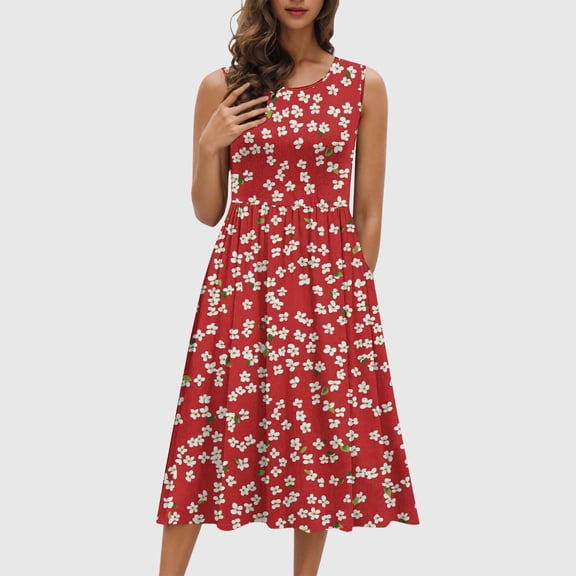 Vetsdori Womens Sleeveless Maxi Dresses Sundress Beach Slip Dress Summer Crew Neck,Red Casual Pockets Tank Dress for Ladies Graphic
