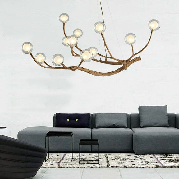 36W Glass Bubble LED Chandelier Pendant Ceiling Light  Wood Branch Hanging Lamp