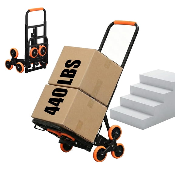 SEKAM Stair Climbing Cart, 440 lbs Capacity Folding Hand Truck with 10 Wheels, Heavy Duty Steel Dolly for Moving & Warehouse, Orange