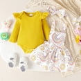 thumbnail image 4 of OBEEII Infant Toddle Girls Ribbed Knitted Jumpsuit Bodysuits with Printed Suspender Dresses, Bow Headband 3Pcs for First Coming Home, 4 of 10