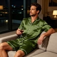 thumbnail image 5 of Resicozy Mens Pajamas Set Silk Satin Sleepwear Short Sleeve Button Pjs Set 2 Piece Loungewear with Pockets Dark Green S, 5 of 6