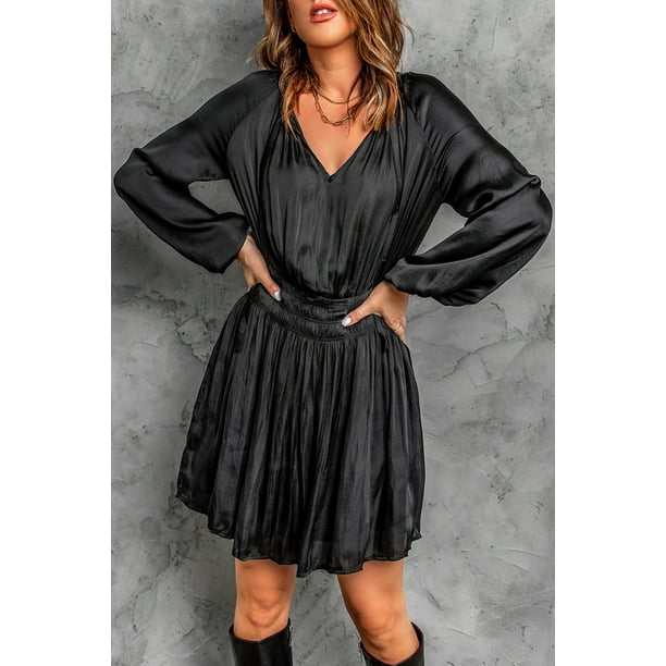 POGLIP Women s Black Pleated Elastic High Waist Puff Sleeve Mini Dress Walmart