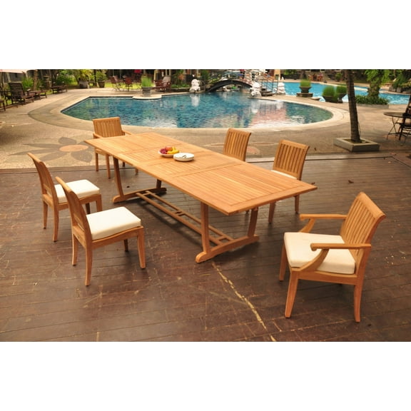Grade-A Teak Dining Set: 6 Seater 7 Pc: 118" Double Extension Mas Rectangle Trestle Leg Table And 6 Lagos Chairs (2 Arm & 4 Armless Chairs) WholesaleTeak #WMLG11