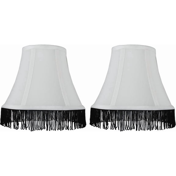 Urbanest Softback Faux Silk Bell Lamp Shade – 5" Top x 9" Bottom x 7" Slant Height – Off White With Black Fringe - 2 Pieces