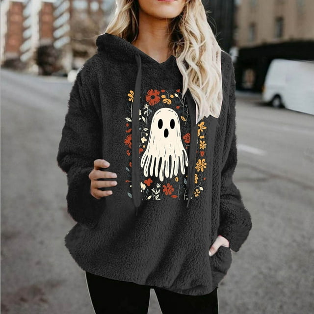 HongQid Fuzzy Hoodies for Women Pullover Graphic Hoodie Cozy Winter Pockets Hooded Sweatshirt Athletic Fleece Hoodies