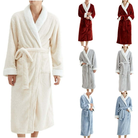 AINIYS Thickened Collar Long Bathrobe Flannel Robe for Home Wear, Pocketed Women's Stylish Nightgown for Fall and Winter Beige XL