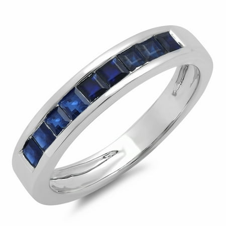 - 0.75 Carat (ctw) 14K White Gold Princess Cut Blue Sapphire Ladies Anniversary Wedding Band Stackable Ring 3/4 CT