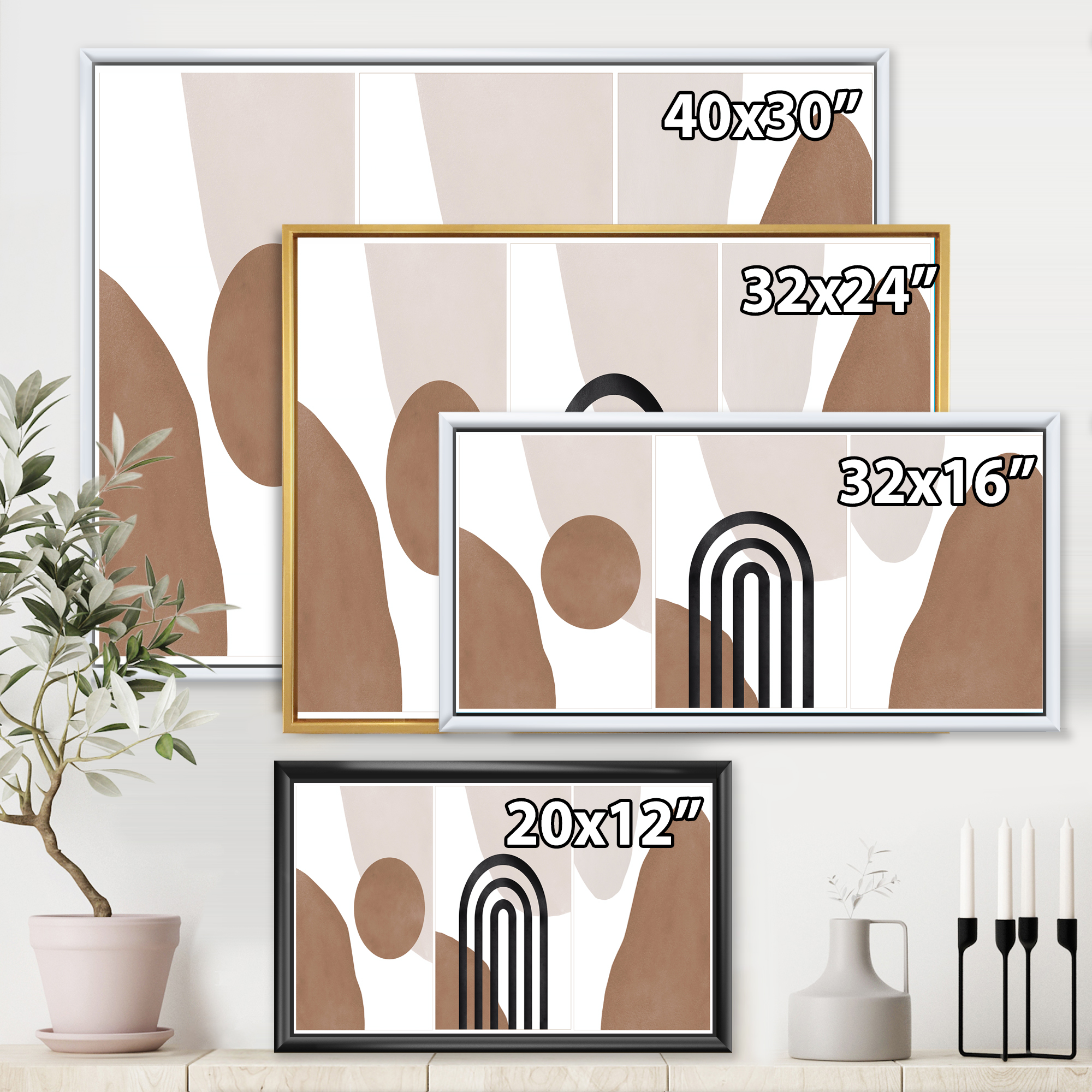Designart 'Abstract Shapes in Ivory and Terracotta Shapes II' Modern Framed Canvas Wall Art Print