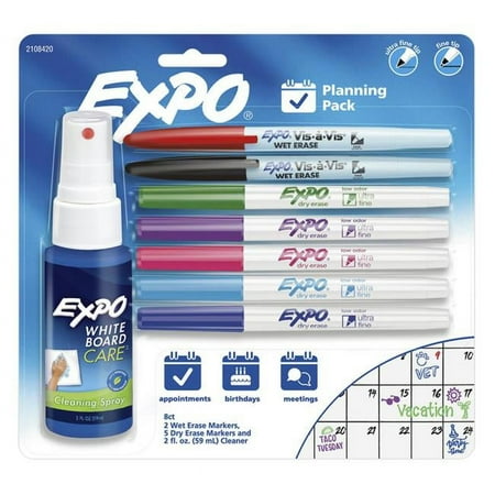 EXPO Markers Planning Pack  Dry and Wet Erase Markers  Whiteboard Cleaner 2 fl. Oz  8 Piece Set