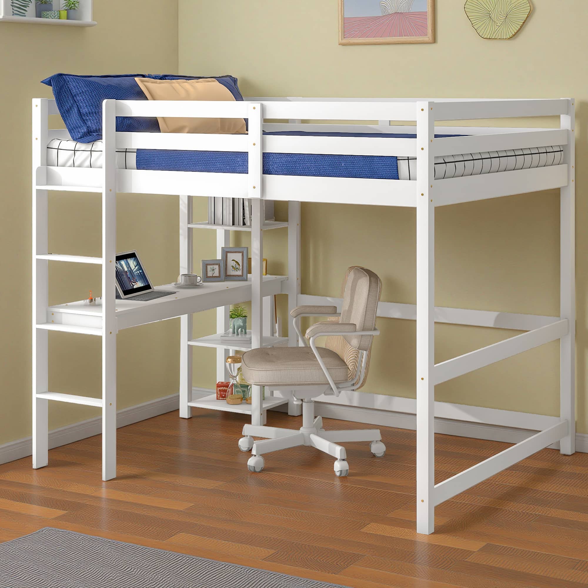 MAYEERTY Full Loft Bed with Desk, Shelves and Ladder, White