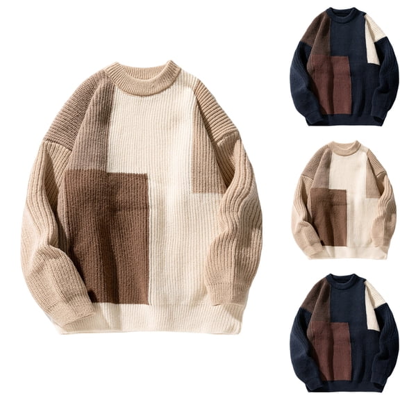 Hinvhai Men's Patchwork Color Block Sweaters Multicolor Textured Winter Pullovers Knitted High Neck Streetwear Sweater Navy 10(XL)