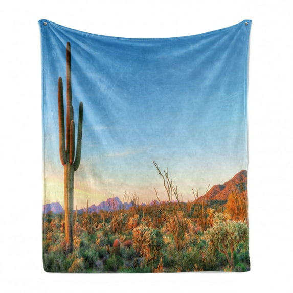 Saguaro Soft Flannel Fleece Throw Blanket, Sun Goes down in Desert Prickly Pear Cactus Southwest Texas National Park, Cozy Plush for Indoor and Outdoor Use, 50" x 60", Orange Blue Green, by Ambesonne