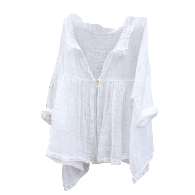 Timegard Hauts d'Été pour Femmes en Coton et Lin Col en V à Boutons Manches Longues Chemises Fluides Décontractées Amples