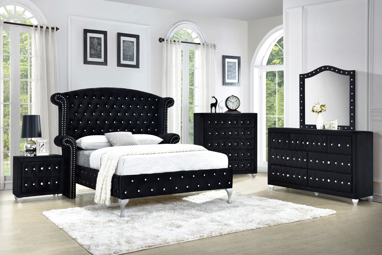 Modern 4Pc Queen Size Bed Dresser Mirror Nightstand Set Master Bedroom  Furniture Black Velvet