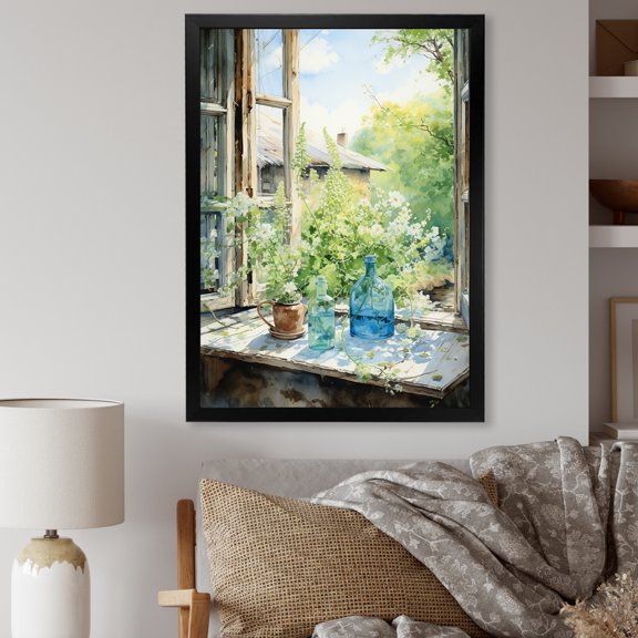 Designart "Countryside Charm with Green and Blue Windows I" Farm Framed Wall Art - Country Green Farm Windows Bedroom Framed Canvas Wall Art