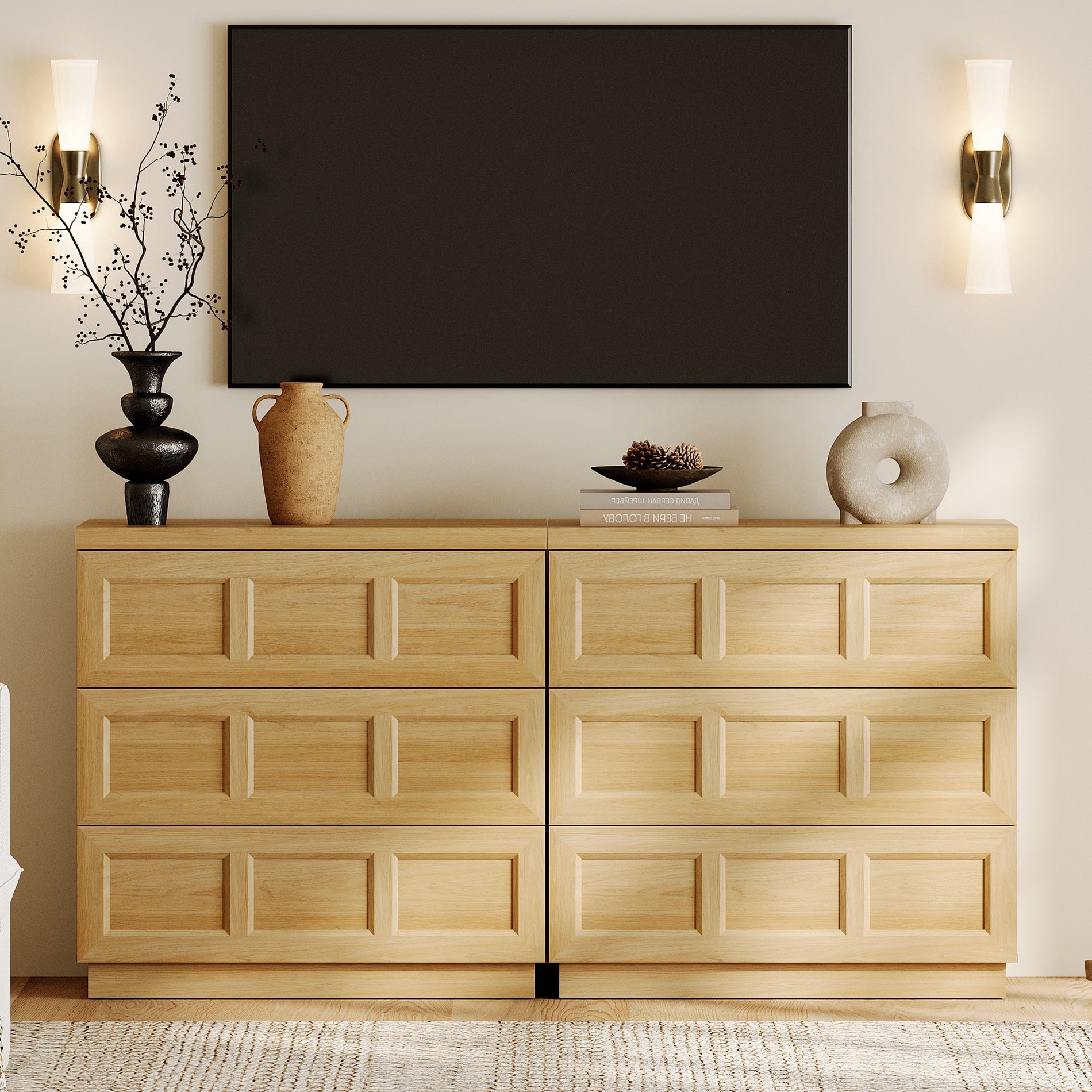 HOMOOI 6-Drawer TV Stand for 40-70" TV, Boho 2 in 1 Thickened Wood Media Console With Smooth Silent Gliding Drawers, Anti-Wobble Stable Entertainment Center for Living Room,Oak