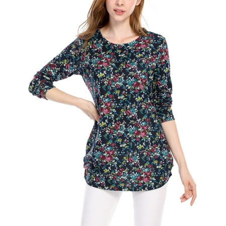 - Women Floral Prints Ruched Sides Knitted Tunic Top Blue /M (US 10)
