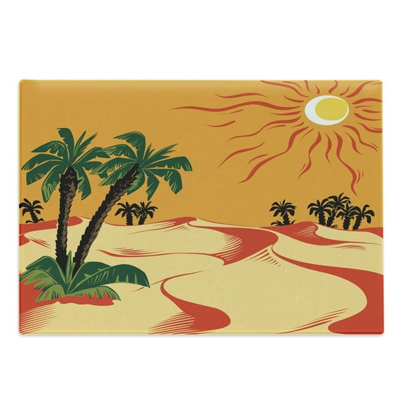 Oasis Cutting Board, Graphical Composition of Wind Rippled Sand and Trees, Decorative Tempered Glass Cutting and Serving Board, in 3 Sizes, by Ambesonne