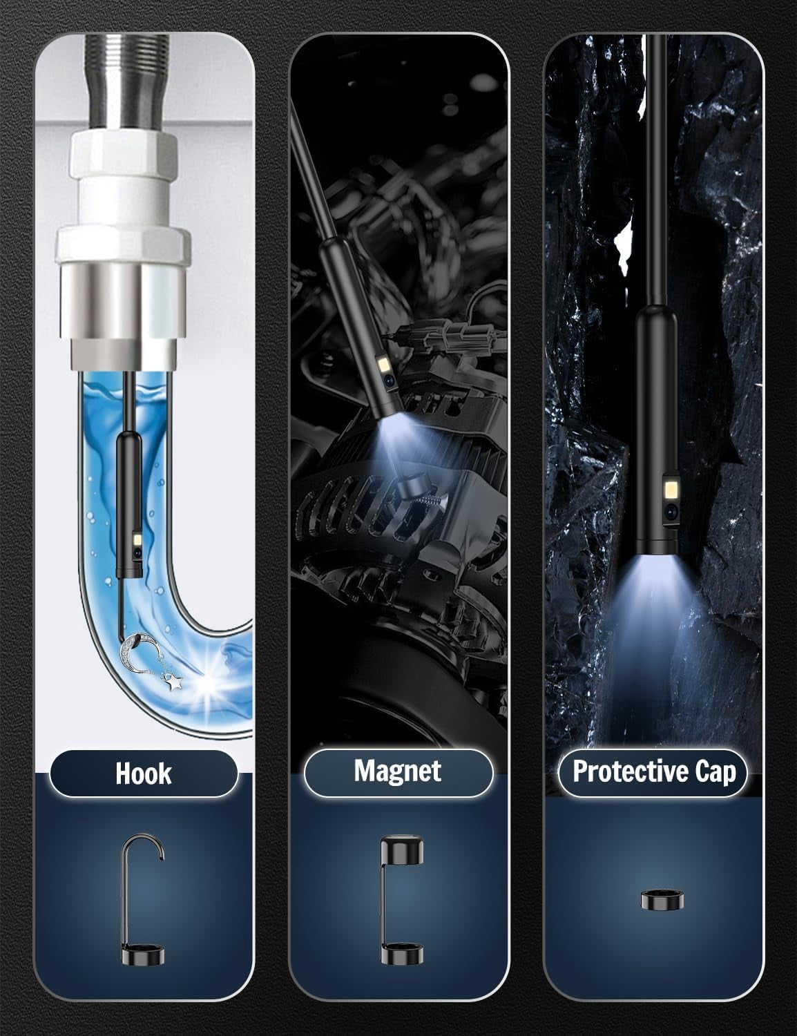 HD Endoscope Dual Lens with Light, Waterproof, for Pipeline Inspection Camera, No WiFi Required - 16.4ft/5m