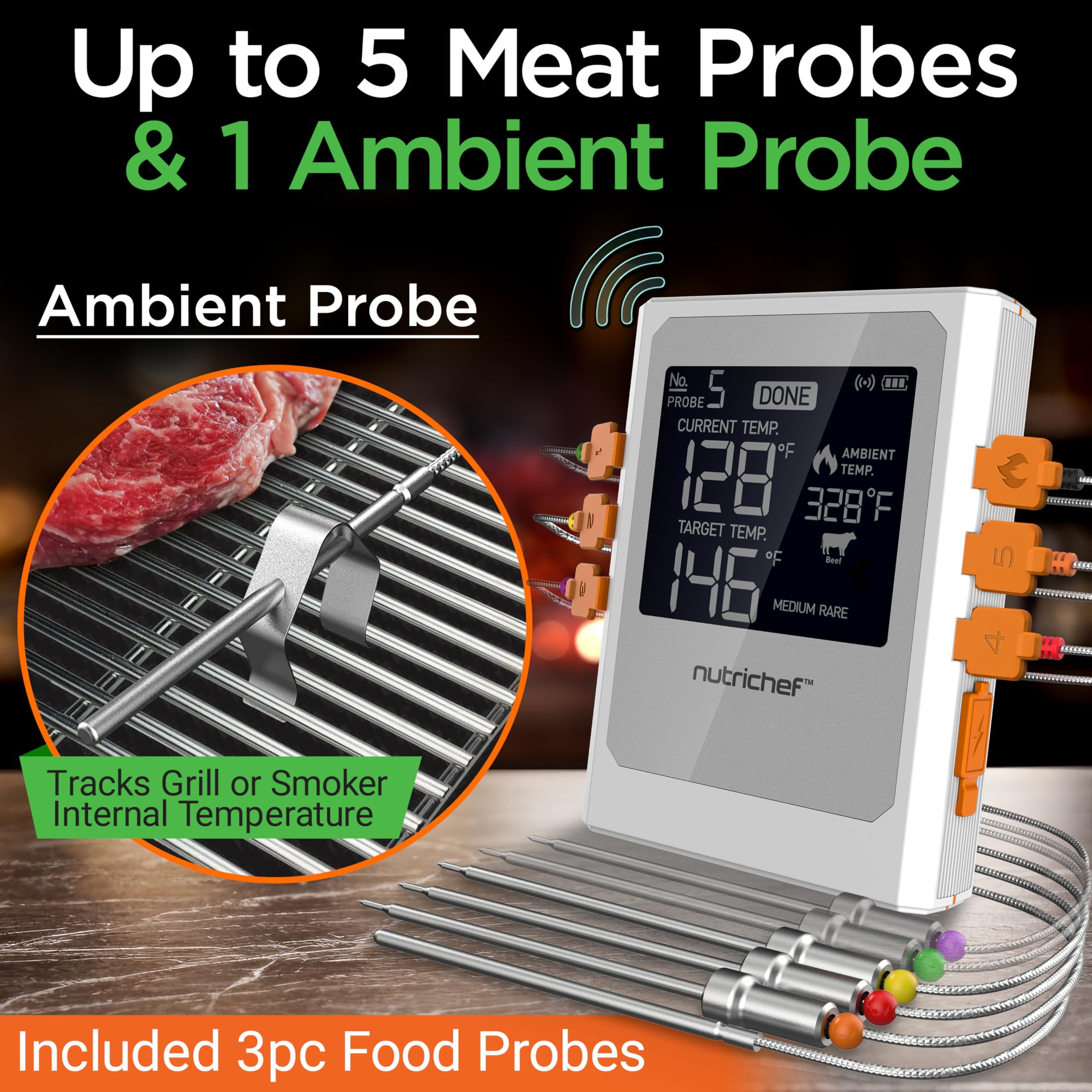 Nutrichef Wireless Meat Thermometer with 2 Stainless Steel Probes, Bluetooth and WiFi Smartphone App for Monitoring Food Temp and Remote Alerts, Digital Display, for Grilling and BBQ Smoking