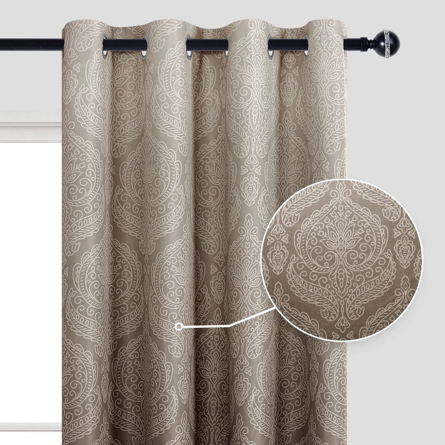 JIUZHEN Ombre Blackout Curtains for Bedroom - Grommet Top Thermal Insulated Room Darkening Window Drapes for Living Room, set of 2 Gradient Damask Curtain Panels, 52 x 96 Inches Long, Brown